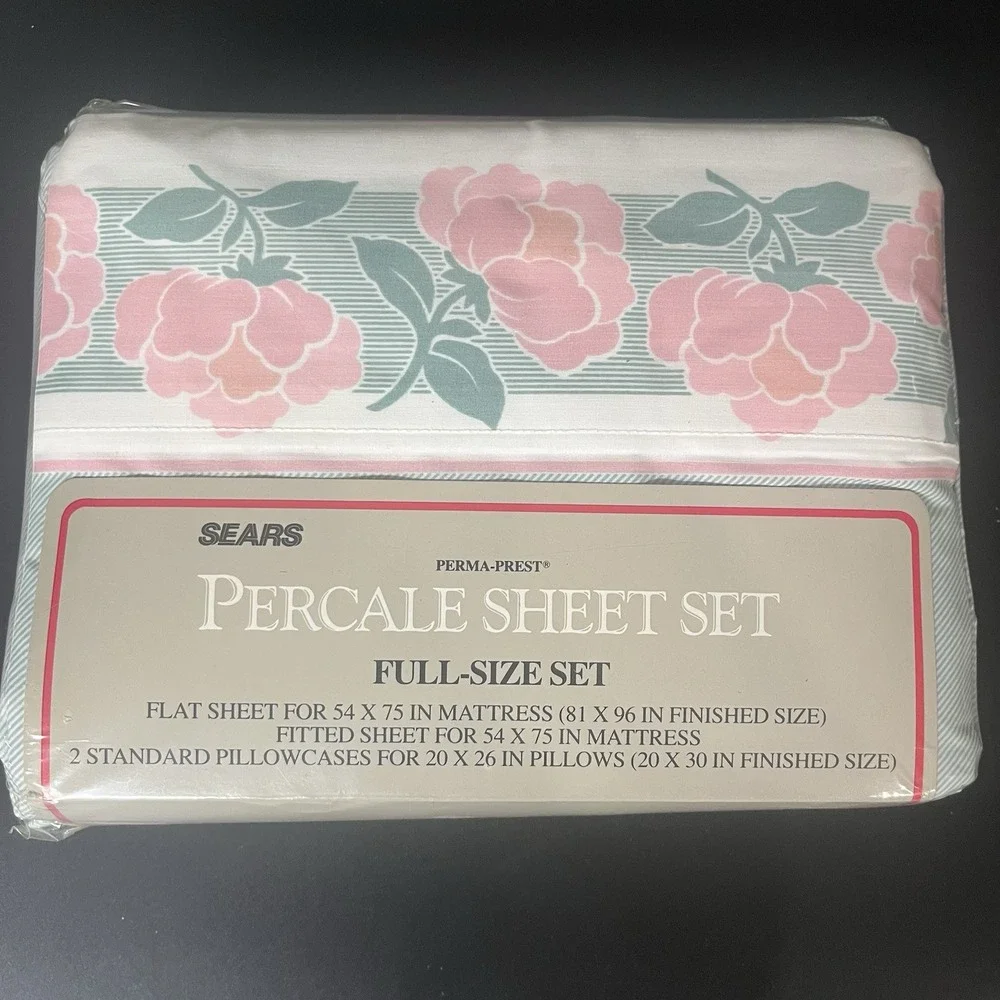 Vintage Sears Perma-Prest Percale Sheet Set Full Size Pink Rose Floral Green New